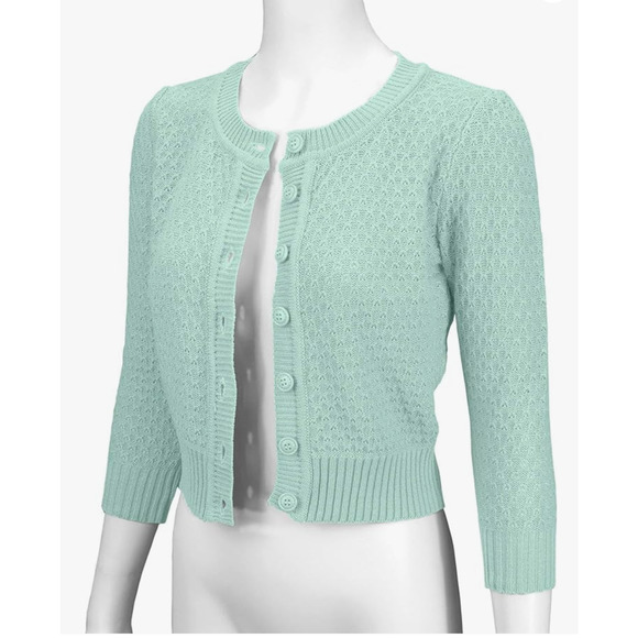 Ye Mak Mint Green Classic Casual Button Front Crew Neck Knit Crop Sweater Small - Picture 2 of 9
